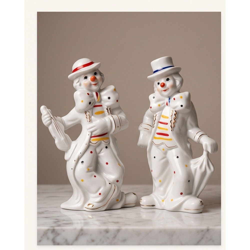 Sophia Ann Vintage Porcelain Clown Figurines Set of 2 White Polka Dot Gold Trim